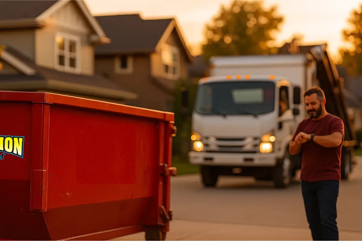 Roll-off dumpster in a residential driveway for a home cleanout